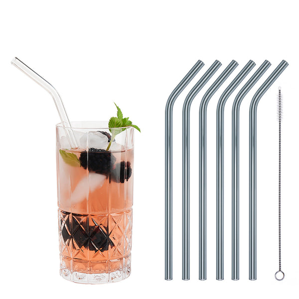 Die geknickte Variante eignet sich ideal für den großen Durst, denn sie passt perfekt in große Longdrink- oder Cocktailgläser. Im Set enthalten sind 6 graue Glastrinkhalme (23 cm, mit Knick) und eine Reinigungsbürste aus Nylon.