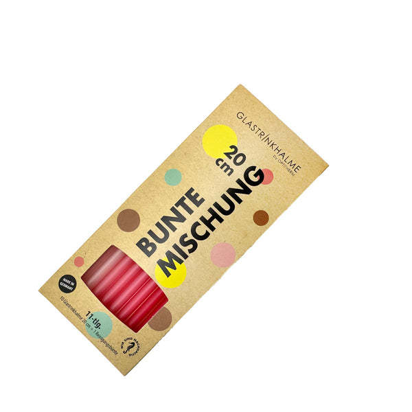 „Bunte Mischung“-Set, enthalten sind 10 farblich sortierte Glastrinkhalme (20 cm, gerade; 3x Mattrosa, 4x Himbeerhell, 3x Himbeer) und eine Reinigungsbürste aus Nylon.