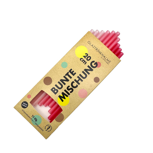 „Bunte Mischung“-Set, enthalten sind 10 farblich sortierte Glastrinkhalme (20 cm, gerade; 3x Mattrosa, 4x Himbeerhell, 3x Himbeer) und eine Reinigungsbürste aus Nylon.