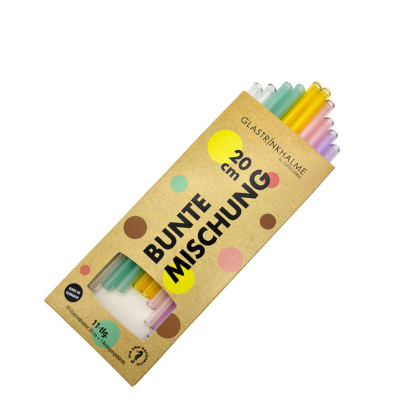 Im „Bunte Mischung“-Set enthalten sind 10 farblich sortierte Glastrinkhalme (20 cm, gerade; 2x Klar, 2x Hellblau, 2x Gelb, 2x Rosa, 2x Lavendel) und eine Reinigungsbürste aus Nylon.