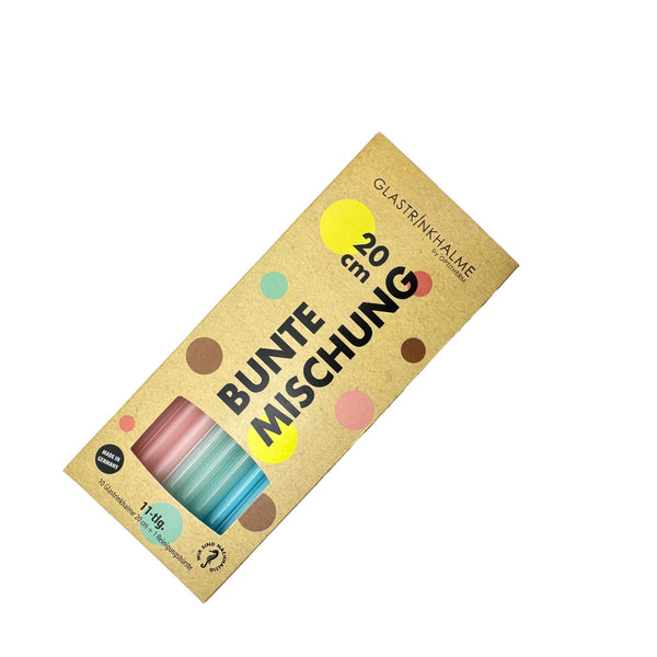 Im „Bunte Mischung“-Set enthalten sind 10 farblich sortierte Glastrinkhalme (20 cm, gerade; 4x Mattrosa, 3x Mint, 3x Hellblau) und eine Reinigungsbürste aus Nylon. Verpackung ist geschlossen.