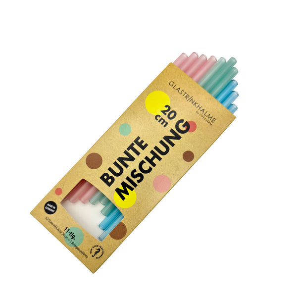 Im „Bunte Mischung“-Set enthalten sind 10 farblich sortierte Glastrinkhalme (20 cm, gerade; 4x Mattrosa, 3x Mint, 3x Hellblau) und eine Reinigungsbürste aus Nylon. Verpackung ist offen.