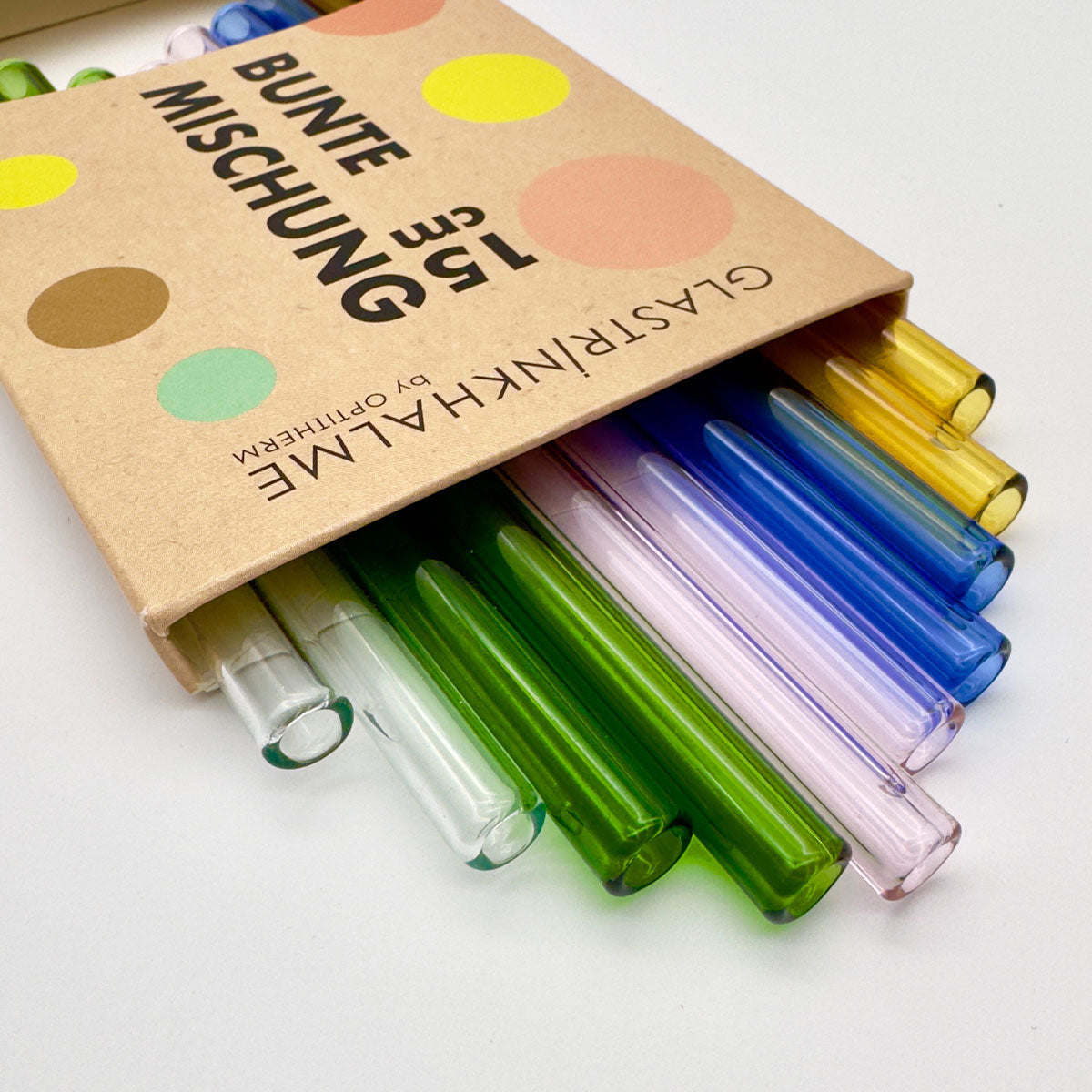 10 bunte (Gelb, Blau, Rosa, Grün, Klar) Glastrinkhalme (15 cm) + Reinigungsbürste
