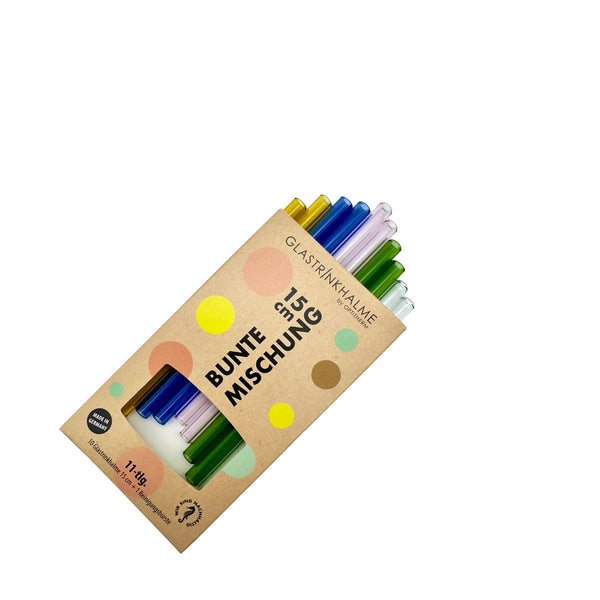 Im Set "Bunte Mischung" enthalten sind 10 farbige (2 x Gelb, 2 x Blau, 2 x Rosa, 2 x Grün, 2 x Klar) Glastrinkhalme (15 cm, gerade) und eine Reinigungsbürste aus Nylon. Offene Verpackung