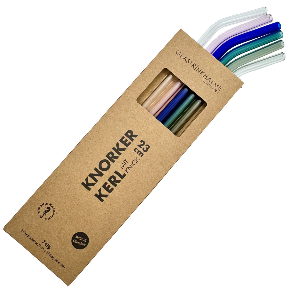 6 bunte (Rosa, Blaugrün, Kobaltblau, Grau, Klar) Glastrinkhalme (23 cm mit Knick) + Reinigungsbürste