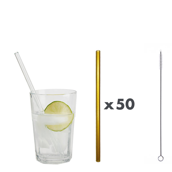 Unser 20 cm langer Standard-Glastrinkhalm passt in jedes Trinkglas!
Im Set enthalten sind 50 Glastrinkhalme in Gold (20 cm, gerade) in einer sicheren Verpackung und eine Reinigungsbürste aus Nylon.