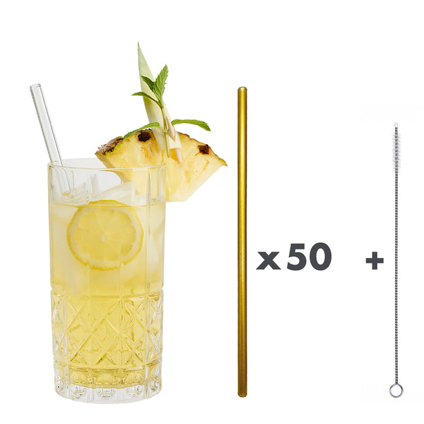 50 Glastrinkhalme in Gold (23 cm) + Reinigungsbürste ohne oder mit Gravur