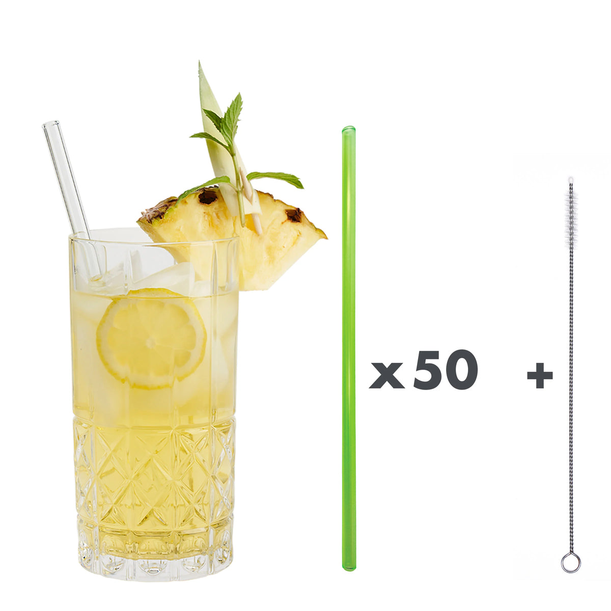 50 Glastrinkhalme in Neongrün (23 cm) + Reinigungsbürste ohne oder mit Gravur