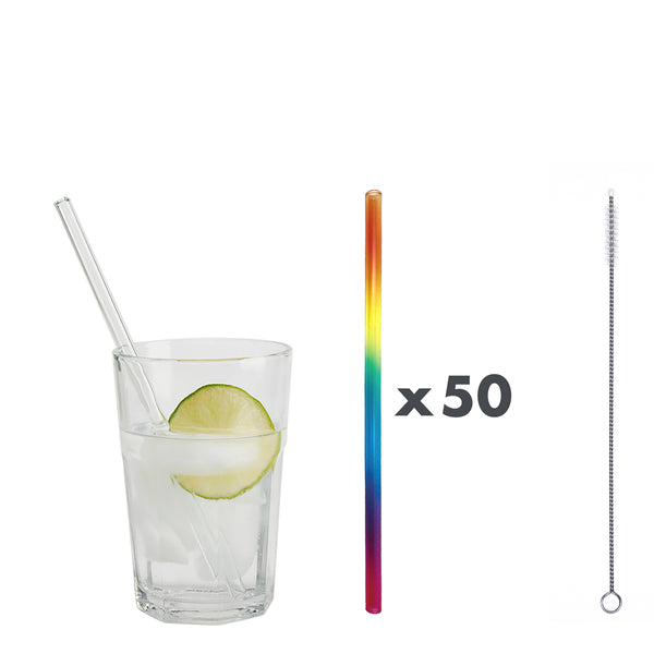 Im Set enthalten sind 50 Glastrinkhalme in Regenbogen (20 cm, gerade) in einer sicheren Verpackung und eine Reinigungsbürste aus Nylon.