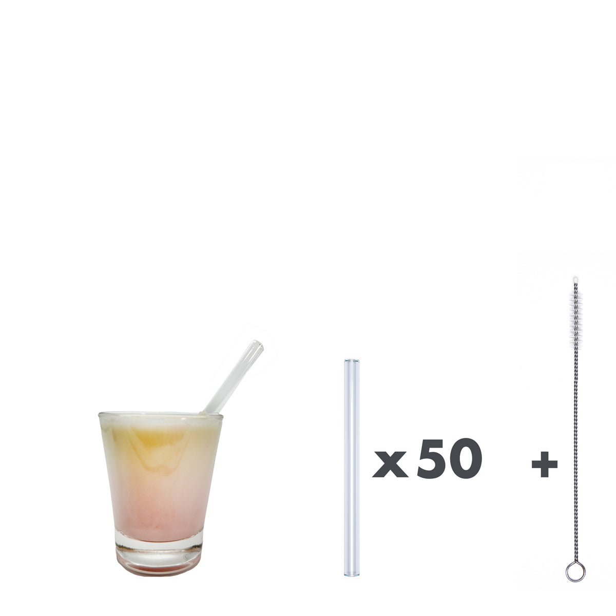 Schnapsglas mit 11 cm klaren Glastrinkhalm, 1 Glastrinkhalm x 50 + Nylonbürste