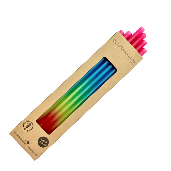 6 bunte (Regenbogen) Glastrinkhalme (20 cm) + Reinigungsbürste