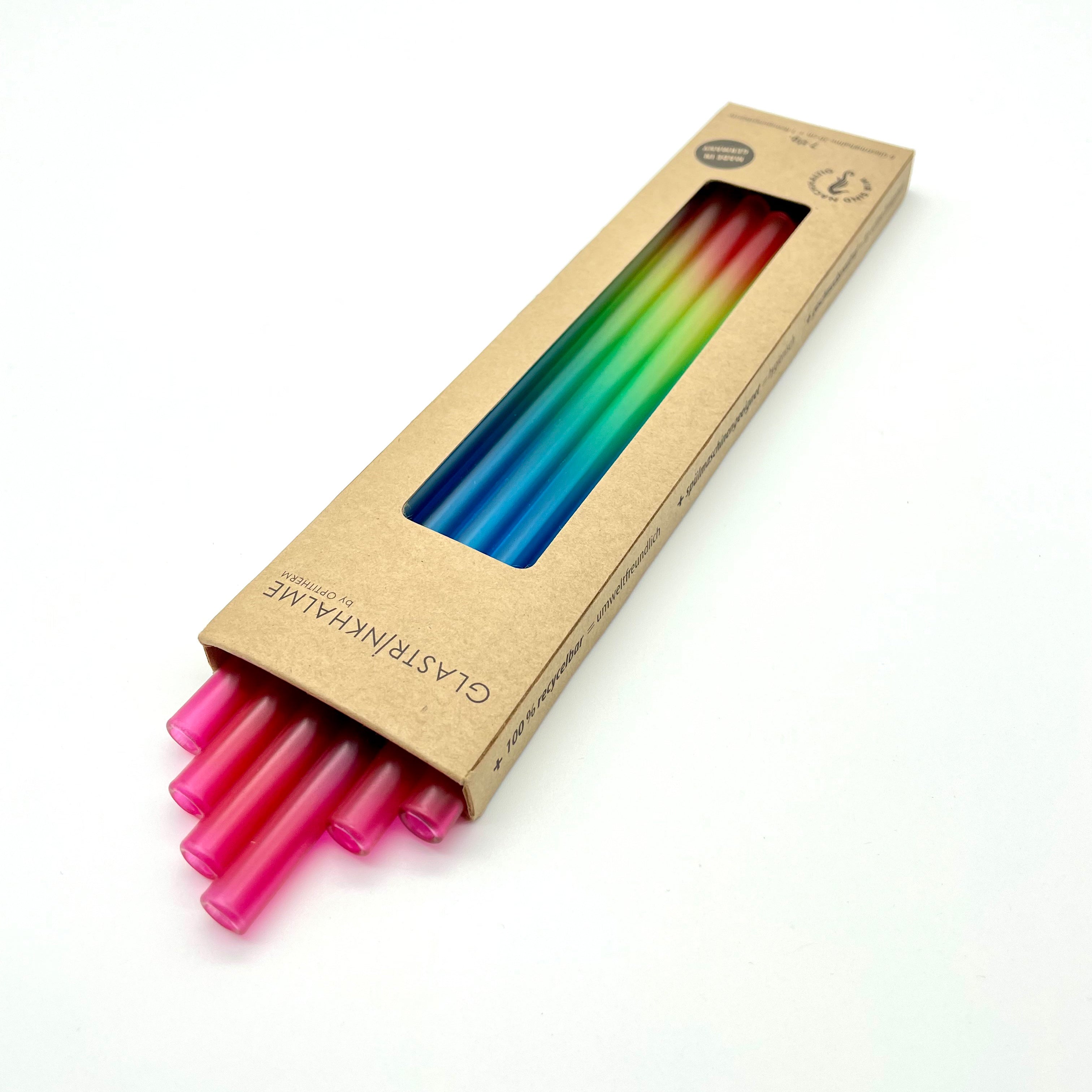 6 bunte (Regenbogenfarben) Glastrinkhalme (23 cm) + Reinigungsbürste