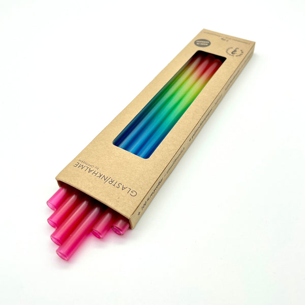 6 bunte (Regenbogenfarben) Glastrinkhalme (23 cm) + Reinigungsbürste