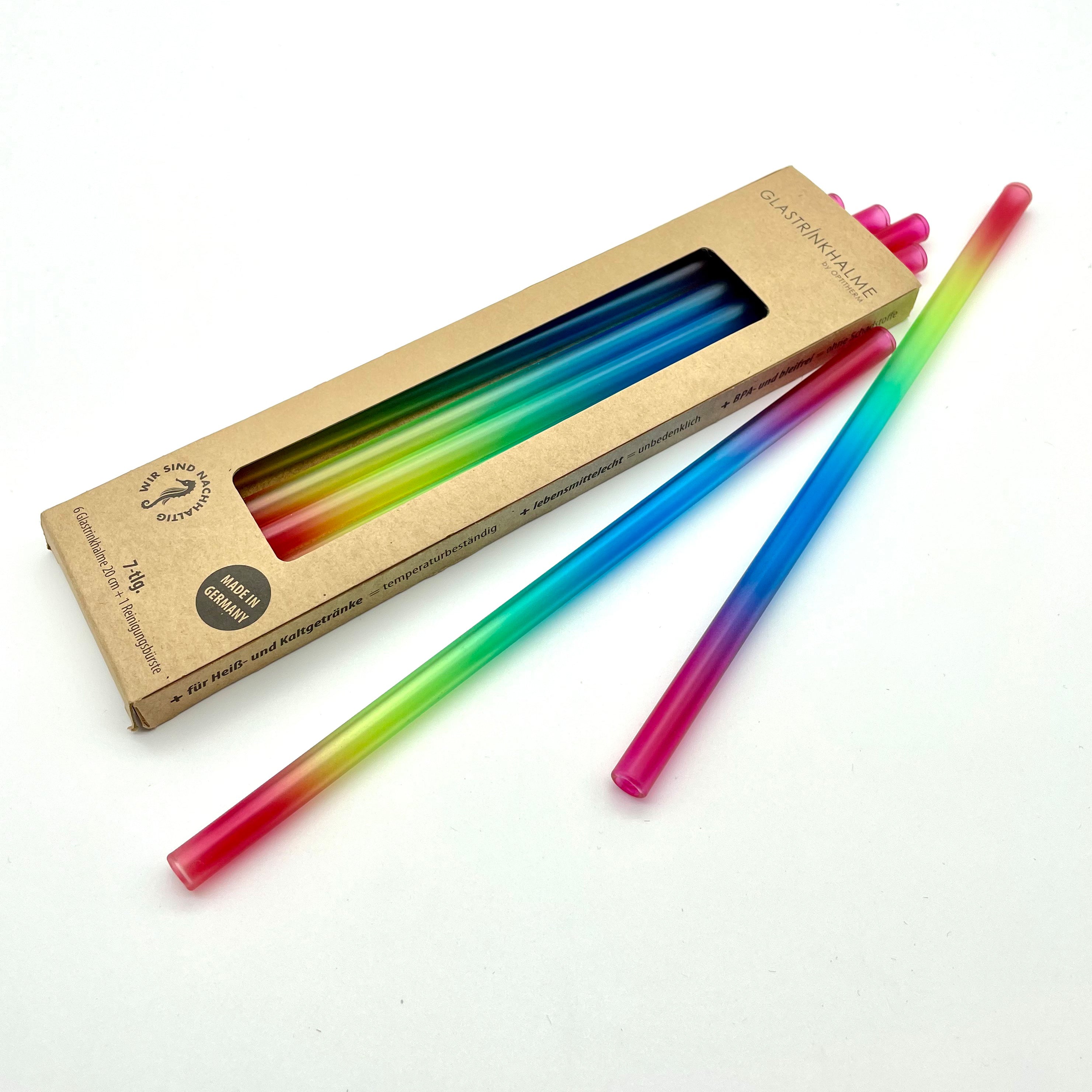 6 bunte (Regenbogenfarben) Glastrinkhalme (23 cm) + Reinigungsbürste