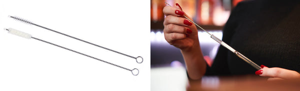 Linkes Bild: 2 Reinigungsbürsten in Nylon und in Baumwolle. Rechtes Bild: Beispiel Handhabung wie ein Glastrinkhalm mit einer Bürste gereinigt wird.