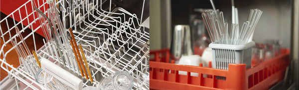 Glastrinkhalme reinigen: Einzeln in der Spülmaschine und in einem Reinigungskorb in einer Spülmaschine in der Gastronomie.