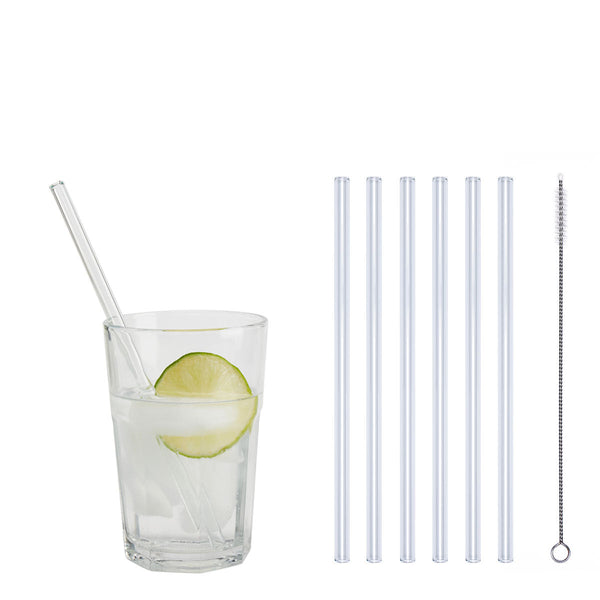 Unser 20 cm langer Standard-Glastrinkhalm passt in jedes Trinkglas! Im Set enthalten sind 6 klare Glastrinkhalme (20 cm, gerade) und eine Reinigungsbürste aus Nylon.