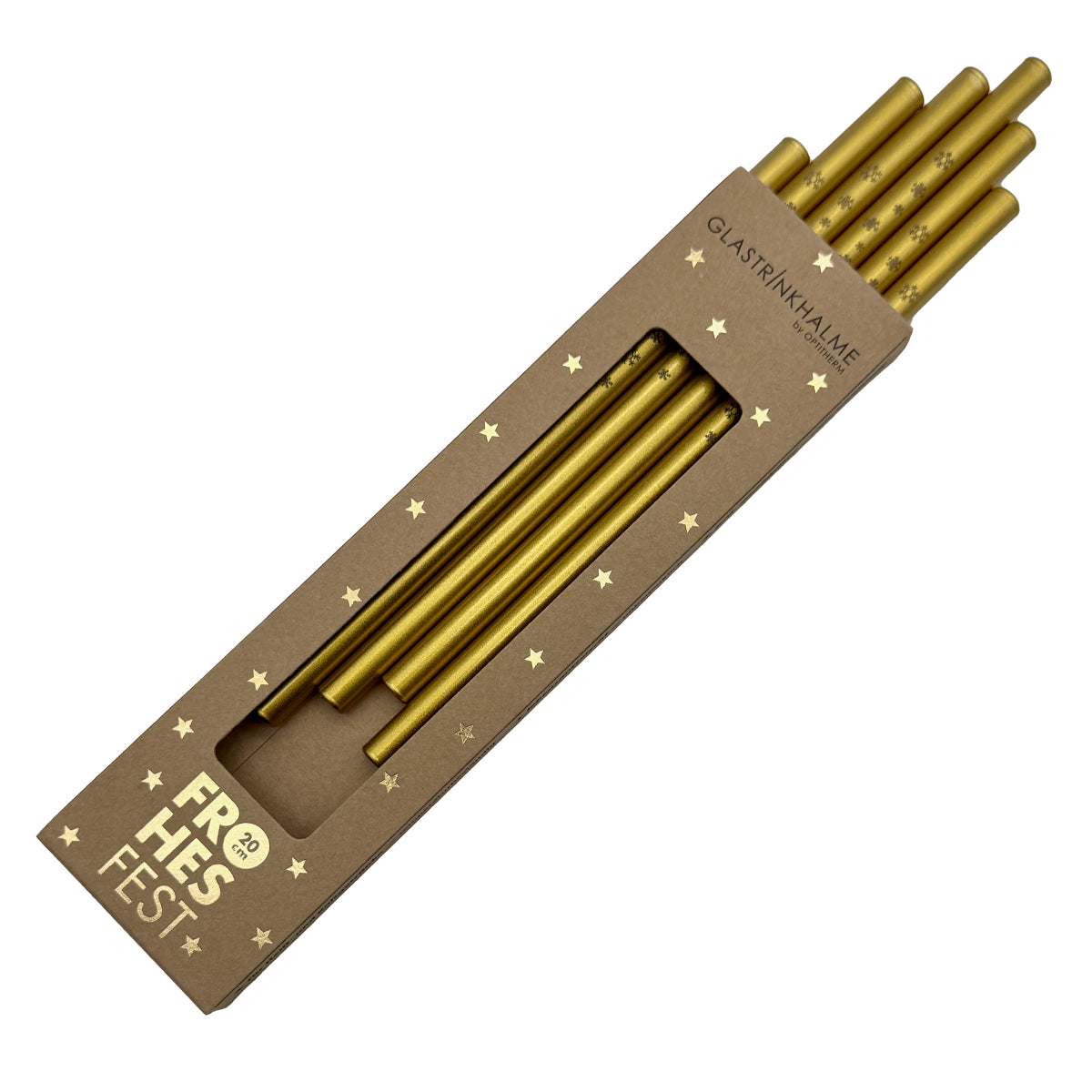 Im Set enthalten sind 6 goldene Glastrinkhalme (20 cm, gerade), die mit Schneeflocken graviert sind und eine Reinigungsbürste aus Nylon. Weihnachtliche Verpackung mit goldenen Sternen.