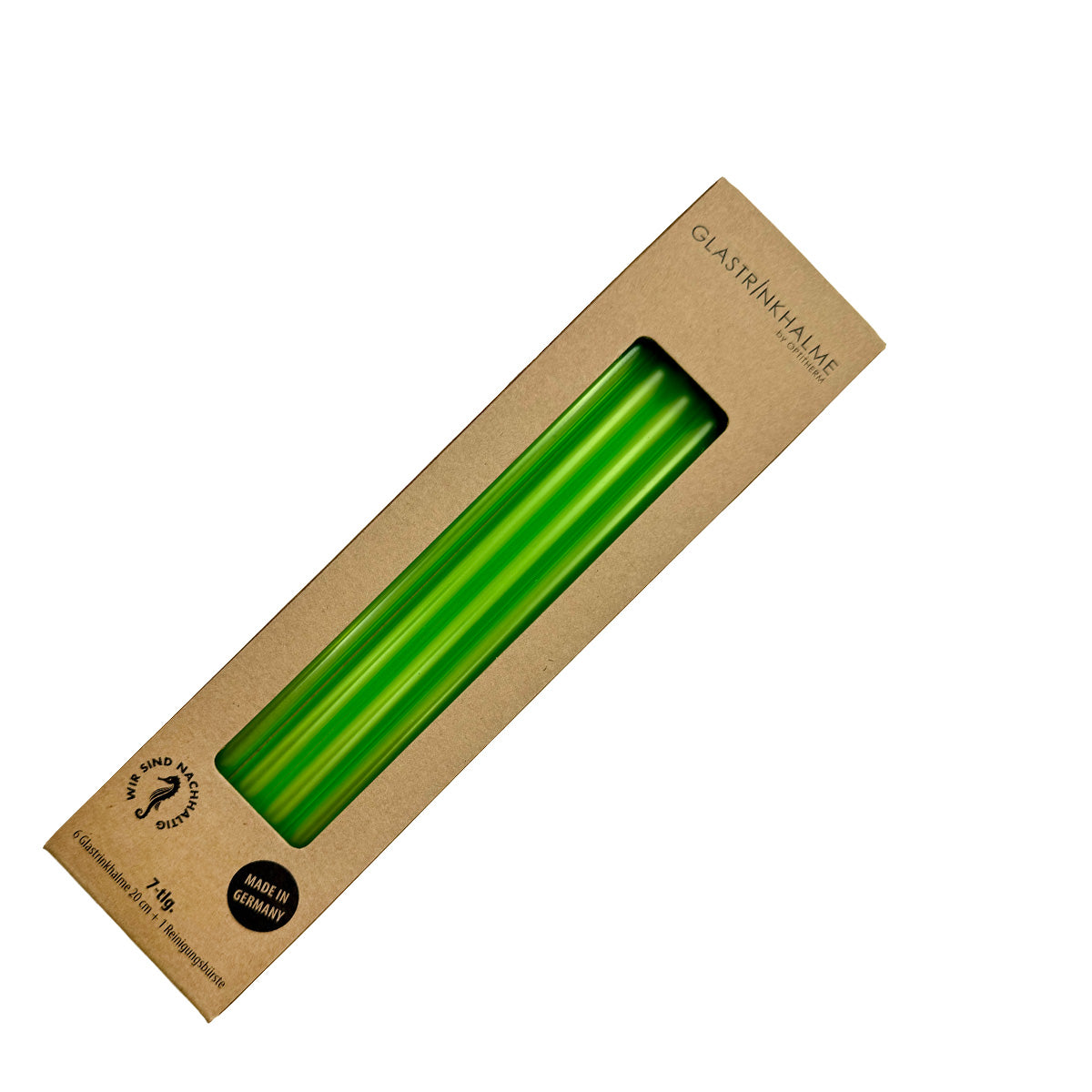 Im Set enthalten sind 6 neongrüne Glastrinkhalme (23 cm, gerade), und eine Reinigungsbürste aus Nylon.