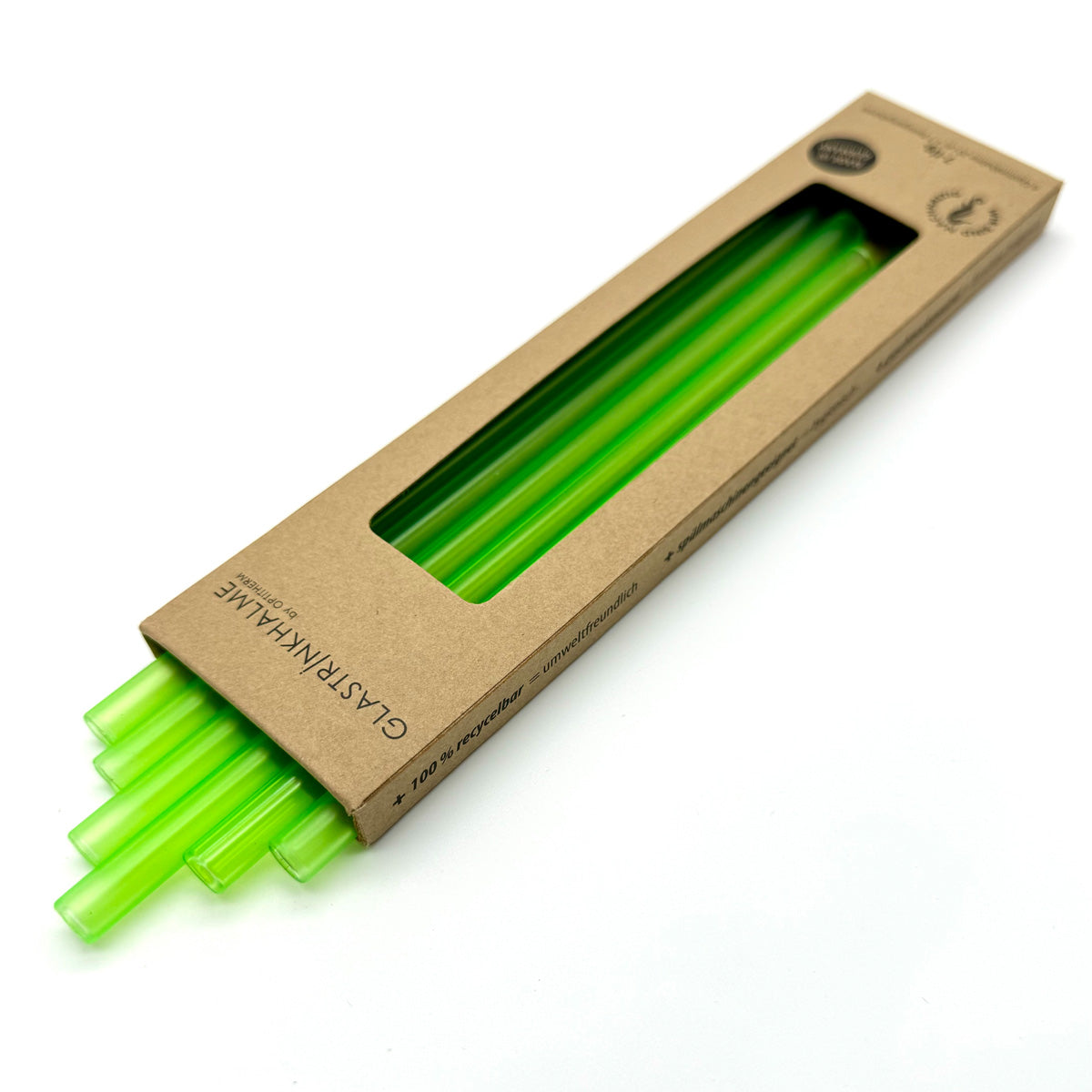 Im Set enthalten sind 6 neongrüne Glastrinkhalme (20 cm, gerade), und eine Reinigungsbürste aus Nylon.