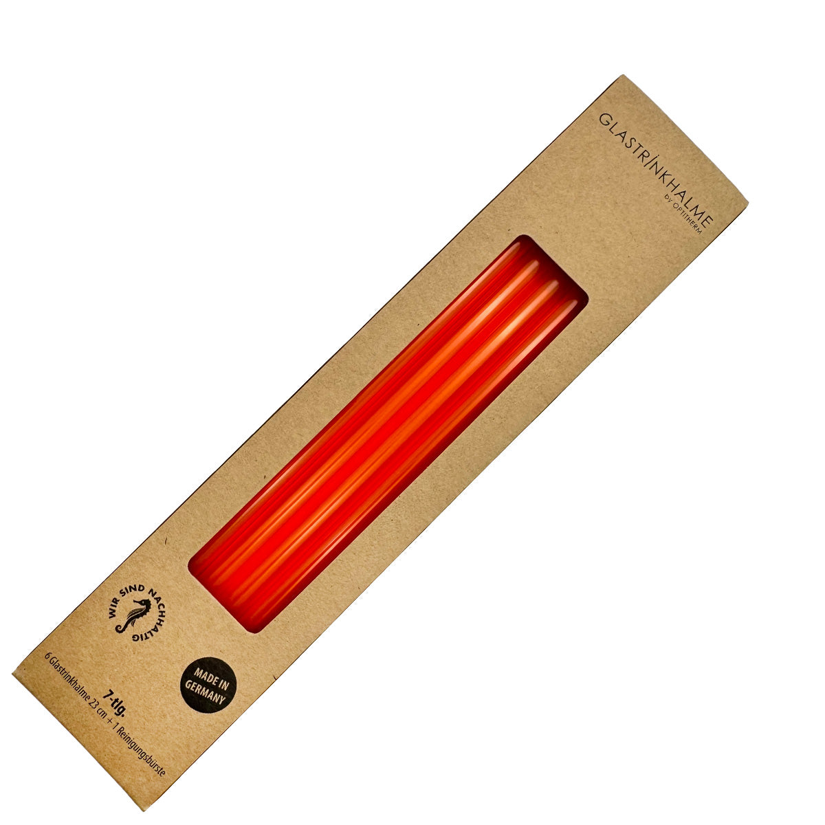 Im Set enthalten sind 6 neonorange Glastrinkhalme (23 cm, gerade), und eine Reinigungsbürste aus Nylon.