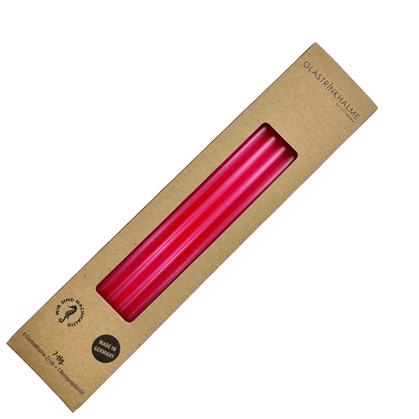 Im Set enthalten sind 6 Glastrinkhalme in Neonpink (23 cm, gerade), und eine Reinigungsbürste aus Nylon.