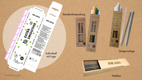 Verpackungsbeispiele: weiße Verpackung "Extra Smoothie" mit individuellen Logo, 6er-Standardverpackungen in Kartonfarbe als Designvorlagen Beispiele, eine Holzbox mit "IHR LOGO" Schriftzug als Gravur.