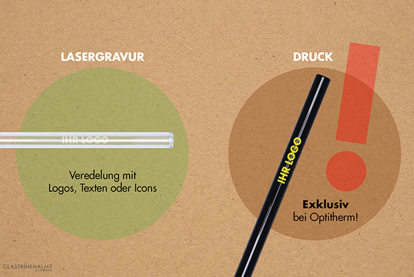 Beispiel mit Lasergravur auf klarem Glastrinkhalm und gelben Druck auf schwarzem Glastrinkhalm, exclusiv bei Optitherm!