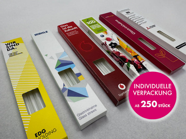 Werbemittel Verpackungen als Referenzen von EDG Holding, Mahle, Vodafon etc. mit pinken Störer: Individuelle Verpackung ab 250 Stück