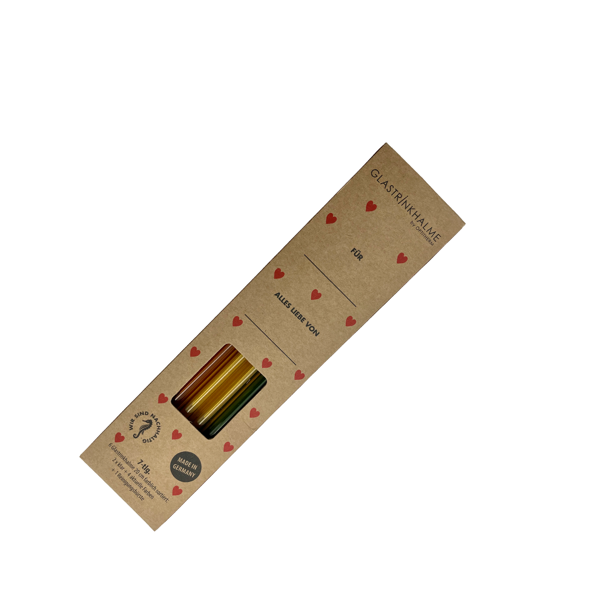 6 bunte (Amber, Gelb, Grün, Klar) Glastrinkhalme (20 cm) mit Druck