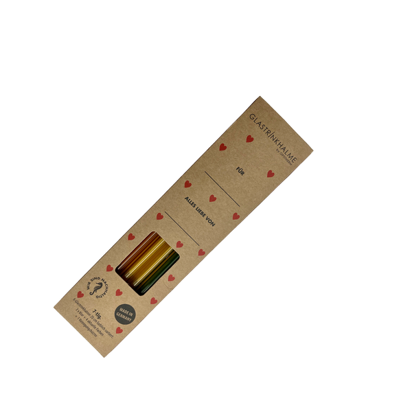 6 bunte (Amber, Gelb, Grün, Klar) Glastrinkhalme (20 cm) mit Druck "Frühlingsgefühle", "Frühlingsreif", "Frühlingszeit" + Reinigungsbürste
