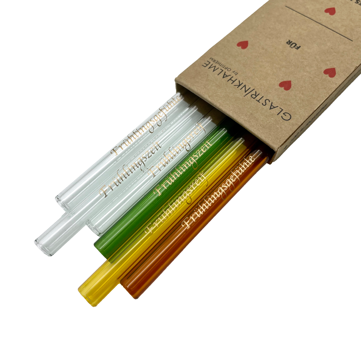 6 bunte (Amber, Gelb, Grün, Klar) Glastrinkhalme (20 cm) mit Druck