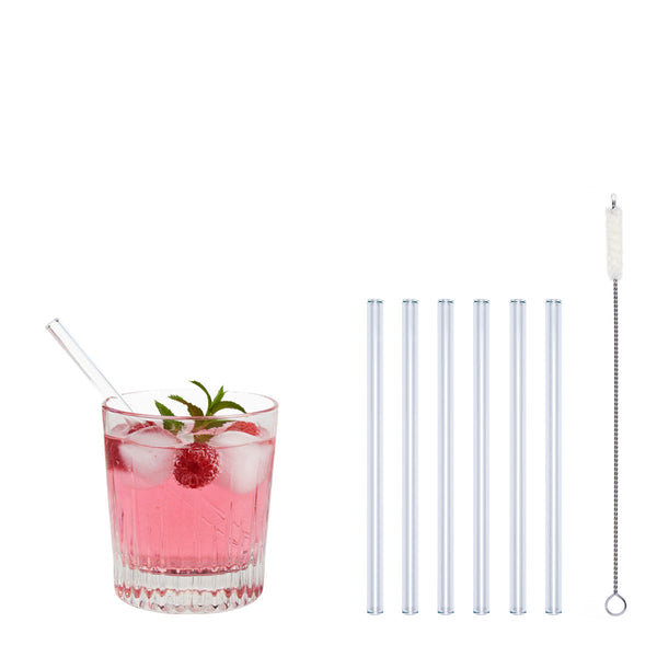6 klare Glastrinkhalme (15 cm) + Reinigungsbürste