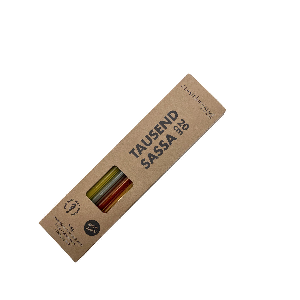 Unser 20 cm langer Standard-Glastrinkhalm passt in jedes Trinkglas - ein echter „Tausendsassa“ also! Ob Longdrink, Saftschorle, Wasser oder Softdrink: der 20 cm lange Tausendsassa freut sich über jede Erfrischung! Im Set enthalten sind 6 farblich sortierte Glastrinkhalme (20 cm, gerade; 1x amber, 1x light amber, 1x gelb, 1x grau, 2x klar) und eine Reinigungsbürste aus Nylon oder Baumwolle. Produktmaße Länge: 20 cm Durchmesser: 8 mm