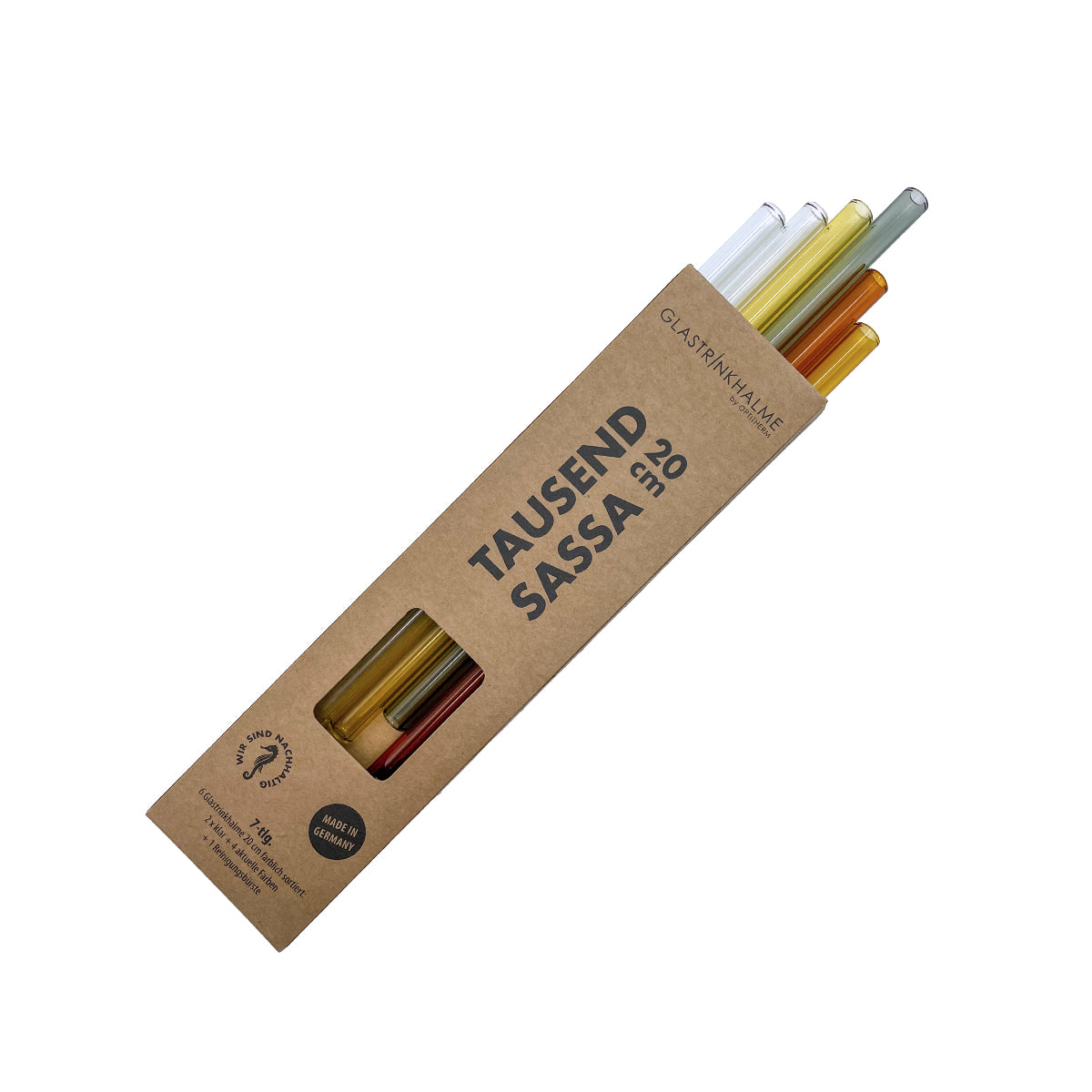 Unser 20 cm langer Standard-Glastrinkhalm passt in jedes Trinkglas - ein echter „Tausendsassa“ also! Ob Longdrink, Saftschorle, Wasser oder Softdrink: der 20 cm lange Tausendsassa freut sich über jede Erfrischung! Im Set enthalten sind 6 farblich sortierte Glastrinkhalme (20 cm, gerade; 1x amber, 1x light amber, 1x gelb, 1x grau, 2x klar) und eine Reinigungsbürste aus Nylon oder Baumwolle. Produktmaße Länge: 20 cm Durchmesser: 8 mm