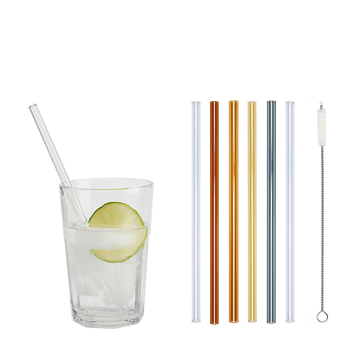 Unser 20 cm langer Standard-Glastrinkhalm passt in jedes Trinkglas - ein echter „Tausendsassa“ also! Ob Longdrink, Saftschorle, Wasser oder Softdrink: der 20 cm lange Tausendsassa freut sich über jede Erfrischung! Im Set enthalten sind 6 farblich sortierte Glastrinkhalme (20 cm, gerade; 1x amber, 1x light amber, 1x gelb, 1x grau, 2x klar) und eine Reinigungsbürste aus Nylon oder Baumwolle. Produktmaße Länge: 20 cm Durchmesser: 8 mm