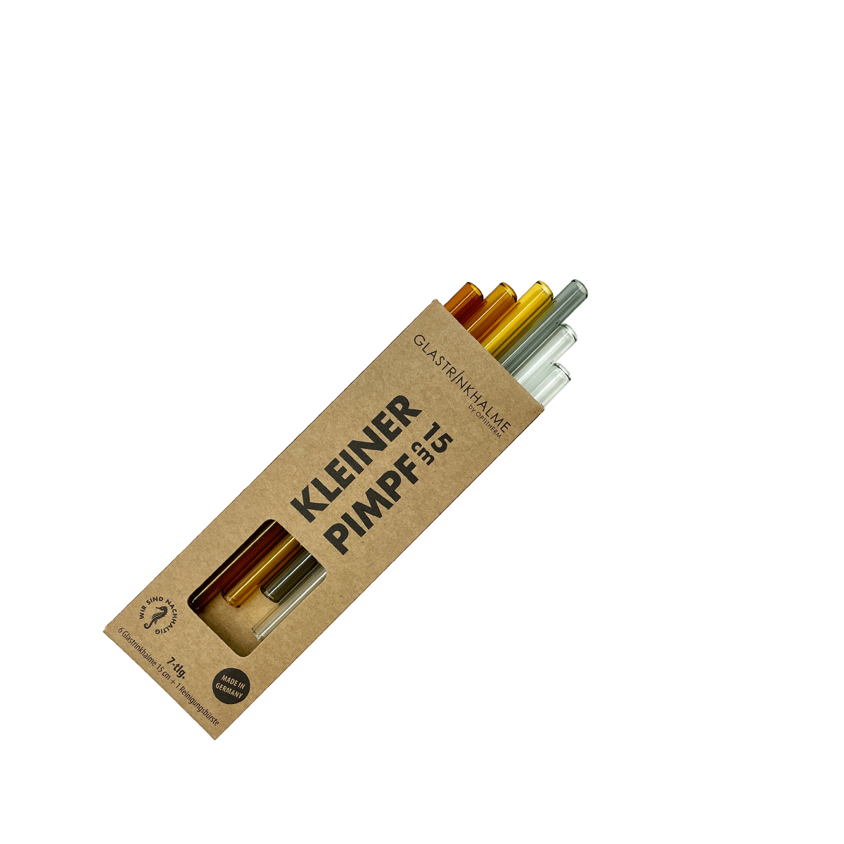 Im Set enthalten sind 6 farblich sortierte Glastrinkhalme (15 cm, gerade; 1x Amber, 1x Light Amber, 1x Gelb, 1x Grau, 2x Klar) und eine Reinigungsbürste aus Nylon. Produktmaße Länge: 15 cm Durchmesser: 8 mm