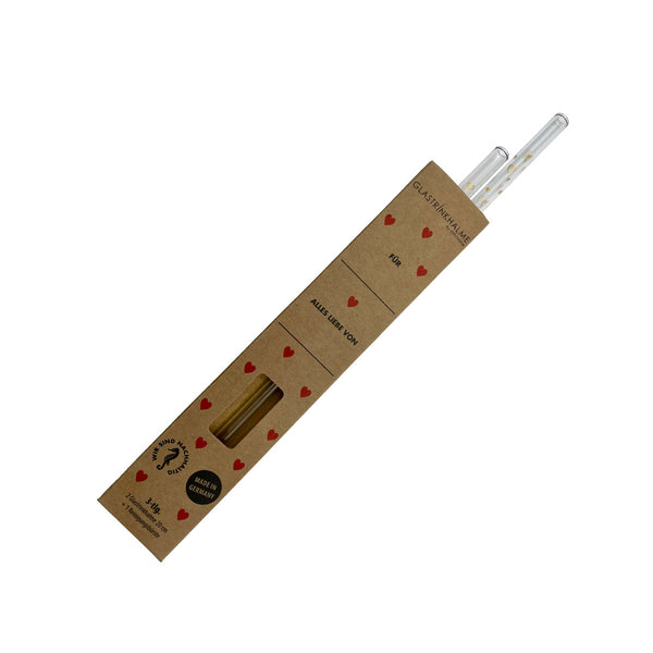 In der Herzchen-Verpackung enthalten sind 2 klare Glastrinkhalme (20 cm, gerade) mit "Herzen"-Motiv bedruckt und eine Reinigungsbürste aus Nylon. Produktmaße Länge: 20 cm Durchmesser: 8 mm