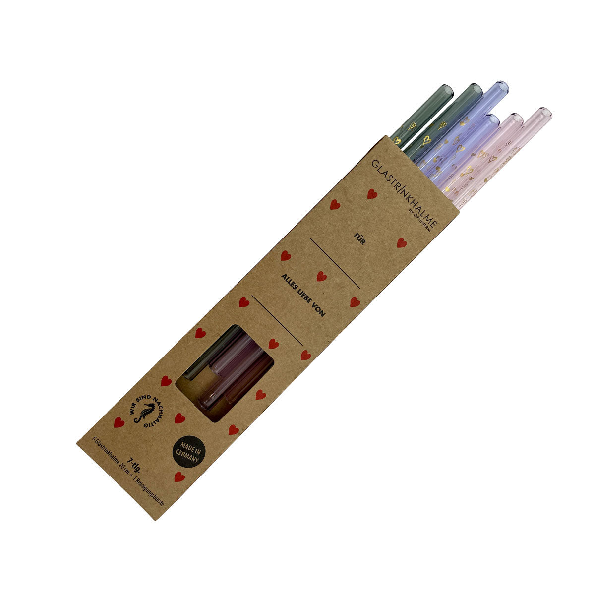 In der Herzchen-Verpackung enthalten sind 6 farblich sortierte Glastrinkhalme (20 cm, gerade; 2x Rosa, 2x Lavendel, 2x Grau) mit