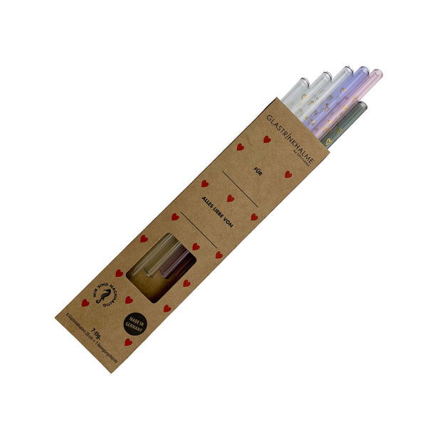 In der Herzchen-Verpackung enthalten sind 6 farblich sortierte Glastrinkhalme (20 cm, gerade; 1x Rosa, 1x Lavendel, 1x Grau, 3x Klar) mit "Herzen"-Motiv und eine Reinigungsbürste aus Nylon. Produktmaße Länge: 20 cm Durchmesser: 8 mm