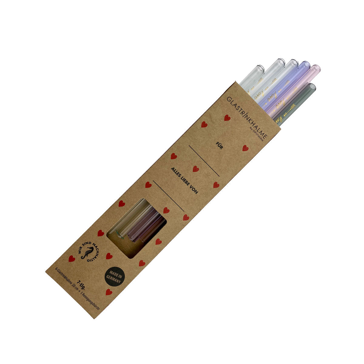 In der Herzchen-Verpackung enthalten sind 6 farblich sortierte Glastrinkhalme (20 cm, gerade; 1x Rosa, 1x Lavendel, 1x Grau, 3x Klar) mit