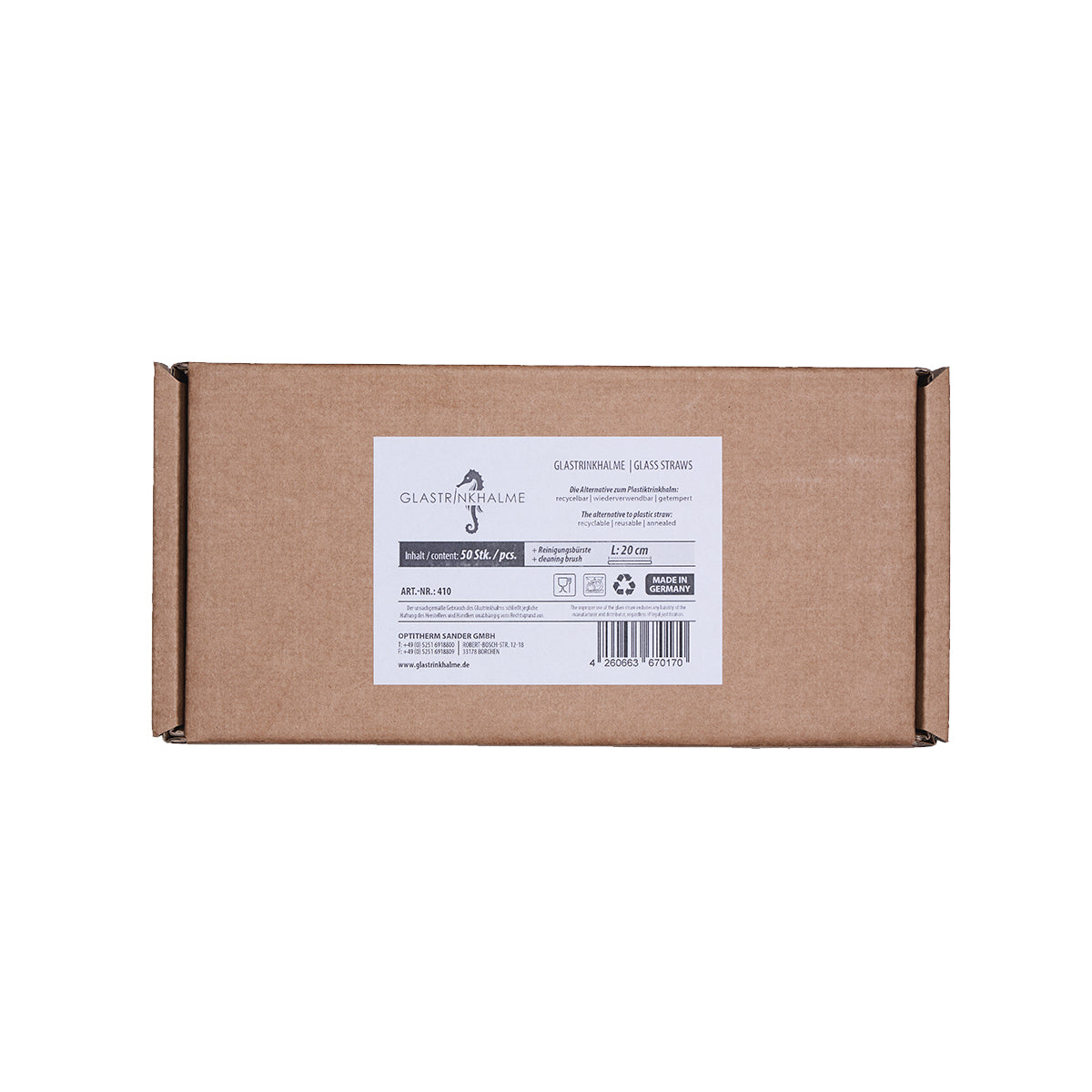 Unser 20 cm langer Standard-Glastrinkhalm passt in jedes Trinkglas - ein echter „Tausendsassa“ also! Ob Longdrink, Saftschorle, Wasser oder Softdrink: der 20 cm lange Tausendsassa freut sich über jede Erfrischung! Im Set enthalten sind 50 klare Glastrinkhalme (20 cm, gerade) in einer sicheren Verpackung und eine Reinigungsbürste aus Nylon oder Baumwolle. Produktmaße Länge: 20 cm Durchmesser: 8 mm