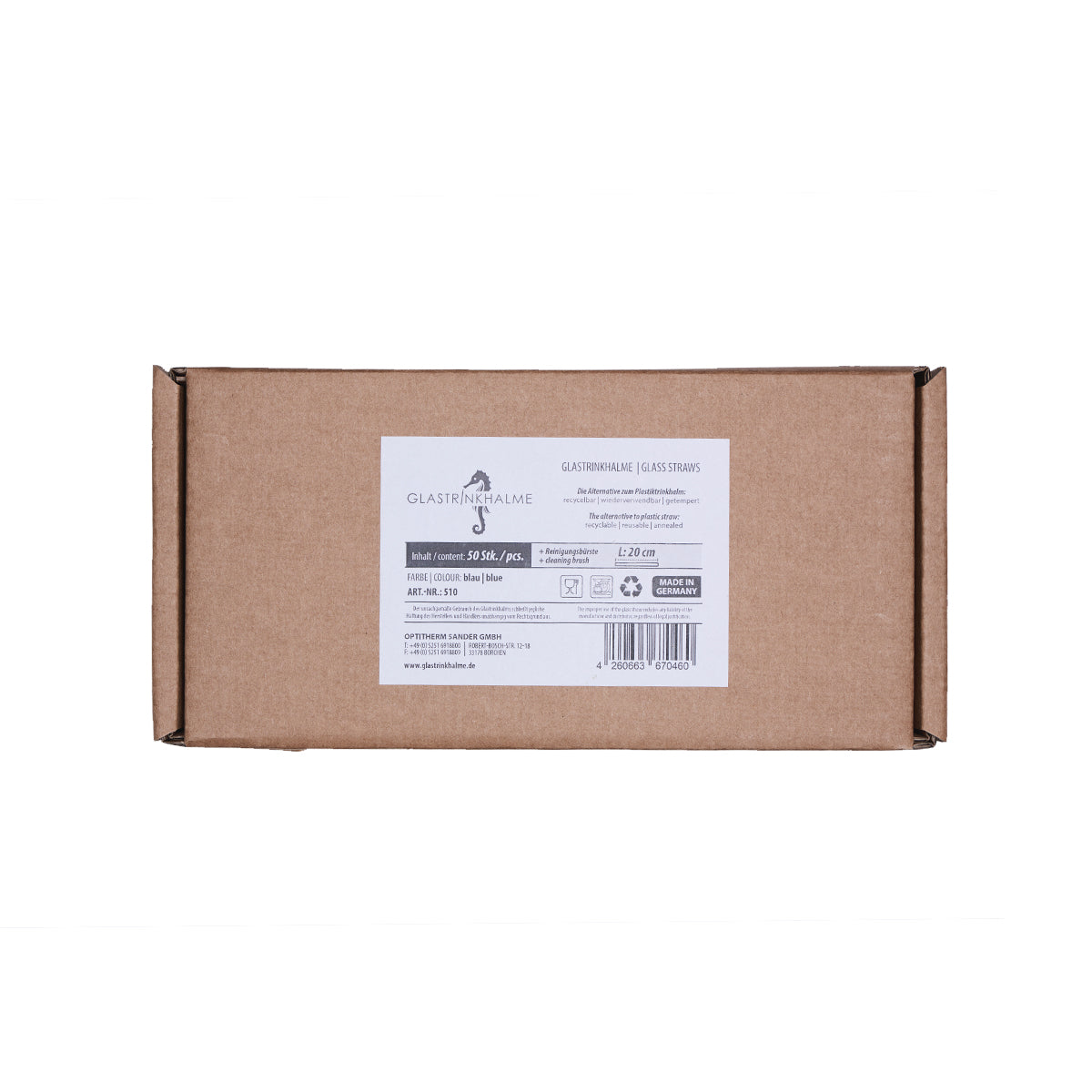 Glastrinkhalme by Optitherm – Unser 20 cm langer Standard-Glastrinkhalm passt in jedes Trinkglas - ein echter „Tausendsassa“ also! Ob Longdrink, Saftschorle, Wasser oder Softdrink: der 20 cm lange Tausendsassa freut sich über jede Erfrischung! Im Set enthalten sind 50 blaue Glastrinkhalme (20 cm, gerade) in einer sicheren Verpackung und eine Reinigungsbürste aus Nylon oder Baumwolle.