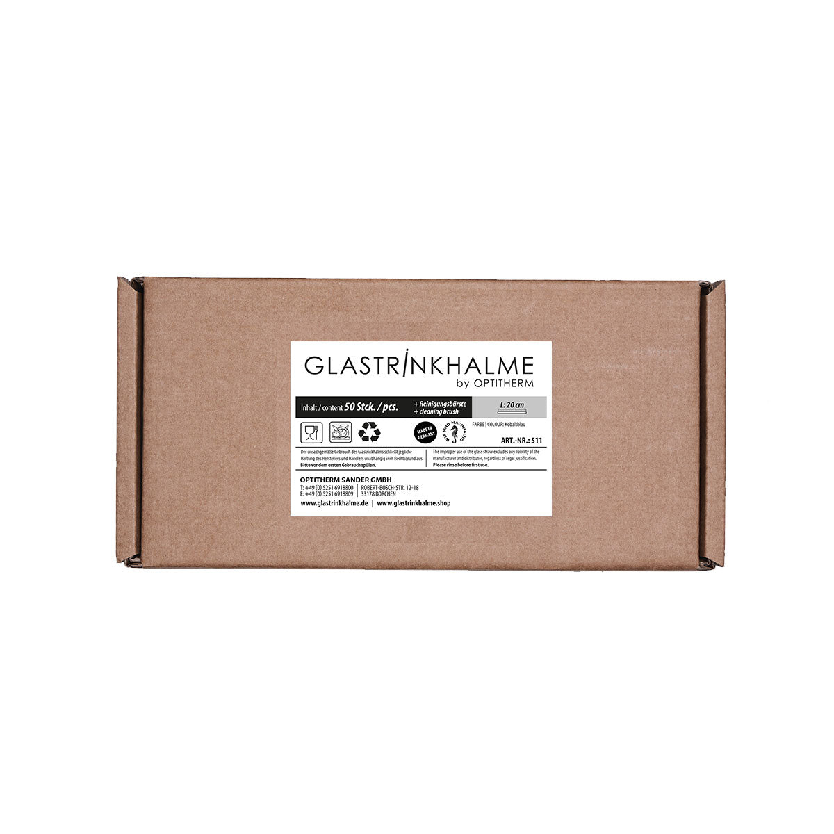 Unser 20 cm langer Standard-Glastrinkhalm passt in jedes Trinkglas - ein echter „Tausendsassa“ also! Ob Longdrink, Saftschorle, Wasser oder Softdrink: der 20 cm lange Tausendsassa freut sich über jede Erfrischung! Im Set enthalten sind 50 kobaltblaue Glastrinkhalme (20 cm, gerade) in einer sicheren Verpackung und eine Reinigungsbürste aus Nylon oder Baumwolle. Produktmaße Länge: 20 cm Durchmesser: 8 mm