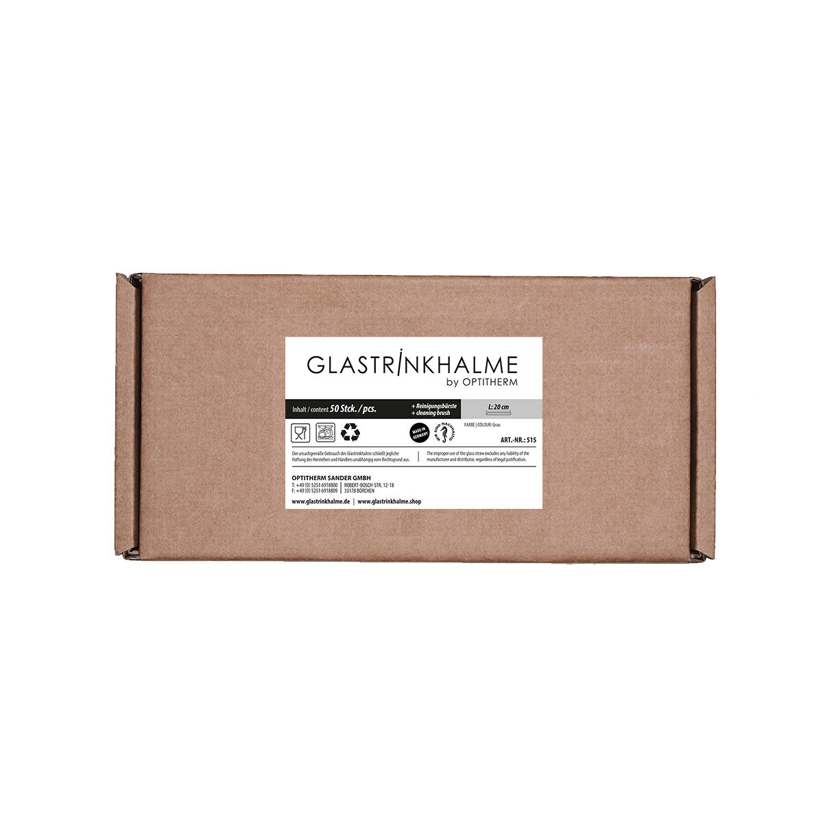 Unser 20 cm langer Standard-Glastrinkhalm passt in jedes Trinkglas - ein echter „Tausendsassa“ also! Ob Longdrink, Saftschorle, Wasser oder Softdrink: der 20 cm lange Tausendsassa freut sich über jede Erfrischung! Im Set enthalten sind 50 Glastrinkhalme in Grau (20 cm, gerade) in einer sicheren Verpackung und eine Reinigungsbürste aus Nylon oder Baumwolle. Produktmaße Länge: 20 cm Durchmesser: 8 mm