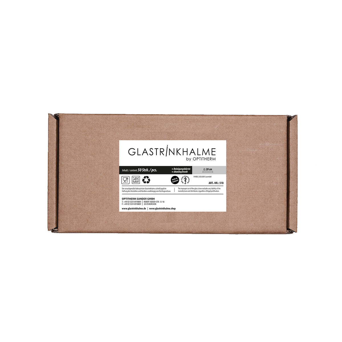 Unser 20 cm langer Standard-Glastrinkhalm passt in jedes Trinkglas - ein echter „Tausendsassa“ also! Ob Longdrink, Saftschorle, Wasser oder Softdrink: der 20 cm lange Tausendsassa freut sich über jede Erfrischung! Im Set enthalten sind 50 Glastrinkhalme in Lavendel (20 cm, gerade) in einer sicheren Verpackung und eine Reinigungsbürste aus Nylon oder Baumwolle. Produktmaße Länge: 20 cm Durchmesser: 8 mm