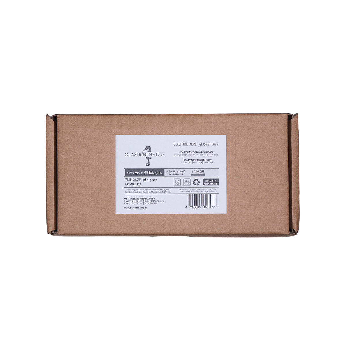 Unser 20 cm langer Standard-Glastrinkhalm passt in jedes Trinkglas - ein echter „Tausendsassa“ also! Ob Longdrink, Saftschorle, Wasser oder Softdrink: der 20 cm lange Tausendsassa freut sich über jede Erfrischung! Im Set enthalten sind 50 grüne Glastrinkhalme (20 cm, gerade) in einer sicheren Verpackung und eine Reinigungsbürste aus Nylon oder Baumwolle. Produktmaße Länge: 20 cm Durchmesser: 8 mm