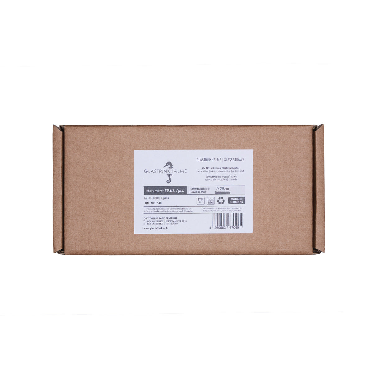 Unser 20 cm langer Standard-Glastrinkhalm passt in jedes Trinkglas - ein echter „Tausendsassa“ also! Ob Longdrink, Saftschorle, Wasser oder Softdrink: der 20 cm lange Tausendsassa freut sich über jede Erfrischung! Im Set enthalten sind 50 pinke Glastrinkhalme (20 cm, gerade) in einer sicheren Verpackung und eine Reinigungsbürste aus Nylon oder Baumwolle. Produktmaße Länge: 20 cm Durchmesser: 8 mm