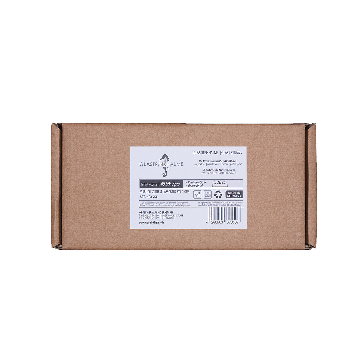 Unser 20 cm langer Standard-Glastrinkhalm passt in jedes Trinkglas - ein echter „Tausendsassa“ also! Ob Longdrink, Saftschorle, Wasser oder Softdrink: der 20 cm lange Tausendsassa freut sich über jede Erfrischung! Im Set enthalten sind 48 farblich sortierte Glastrinkhalme (20 cm, gerade; 12x Blau, 12x Grün, 12x Gelb, 12x Rosa) in einer sicheren Verpackung und eine Reinigungsbürste aus Nylon oder Baumwolle. Produktmaße Länge: 20 cm Durchmesser: 8 mm