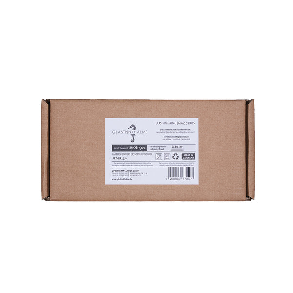 Unser 20 cm langer Standard-Glastrinkhalm passt in jedes Trinkglas - ein echter „Tausendsassa“ also! Ob Longdrink, Saftschorle, Wasser oder Softdrink: der 20 cm lange Tausendsassa freut sich über jede Erfrischung! Im Set enthalten sind 48 farblich sortierte Glastrinkhalme (20 cm, gerade; 12x Blau, 12x Grün, 12x Gelb, 12x Rosa) in einer sicheren Verpackung und eine Reinigungsbürste aus Nylon oder Baumwolle. Produktmaße Länge: 20 cm Durchmesser: 8 mm